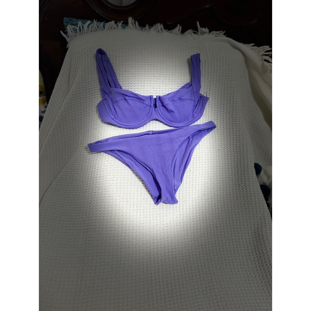 L*Space Two Piece Bikini Swimsuit Purple Ribbed Bra Top Beach Pool Med L Space - Picture 12 of 14